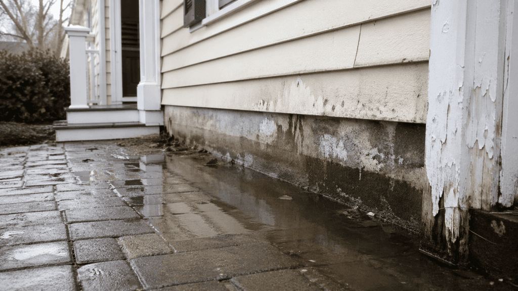 Water damage along a home’s exterior wall with peeling trim, stained siding, and standing water pooling beside a wet paver walkway