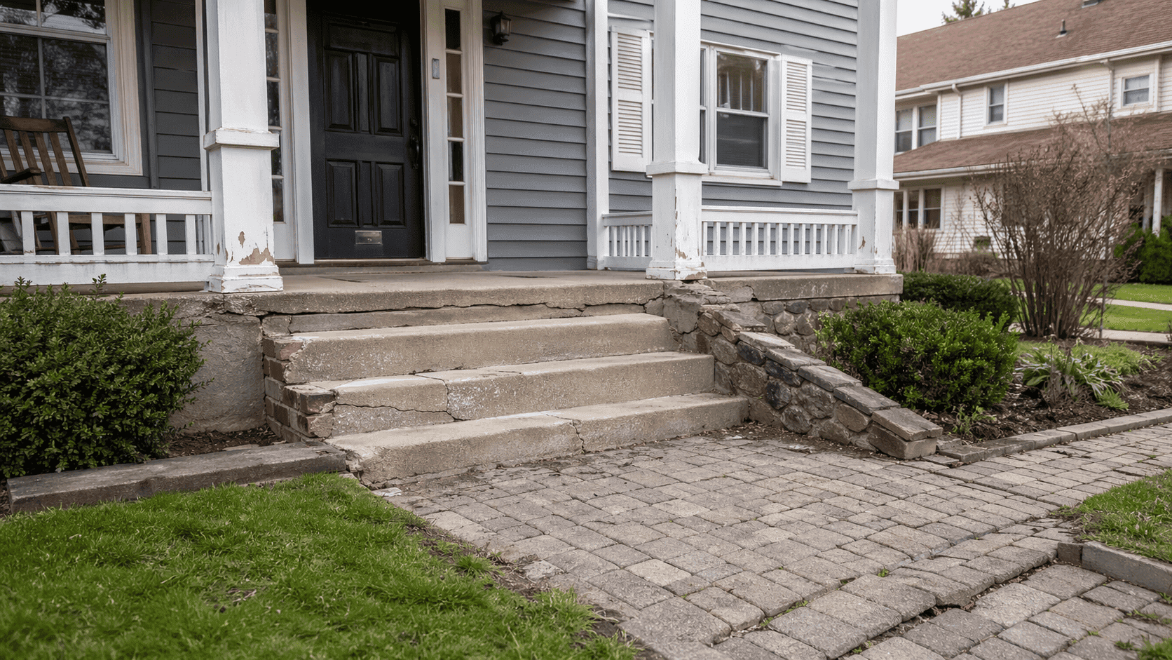 Cracked front steps, damaged masonry, and an uneven paver walkway at a home exterior showing signs that repair or replacement may be needed