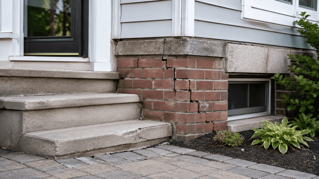 Home exterior with cracked brick foundation, damaged front steps, and an uneven paver walkway showing signs of possible cosmetic and structural damage