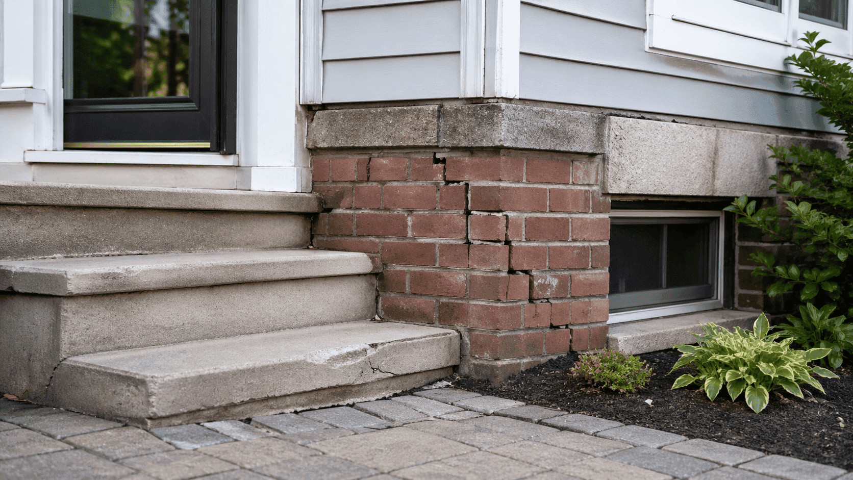 Home exterior with cracked brick foundation, damaged front steps, and an uneven paver walkway showing signs of possible cosmetic and structural damage