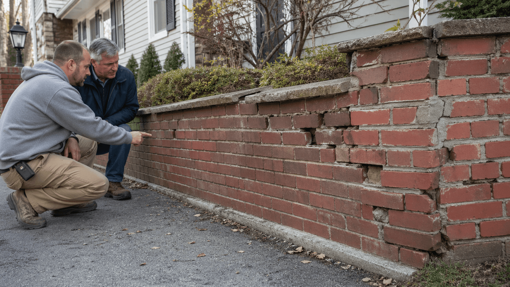 Homeowner and contractor inspecting a cracked brick wall with visible bowing and separated mortar joints near a residential driveway