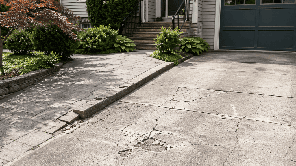 Cracked concrete driveway beside an older paver walkway, showing worn exterior surfaces and the kind of damage homeowners often weigh before repairing or replacing
