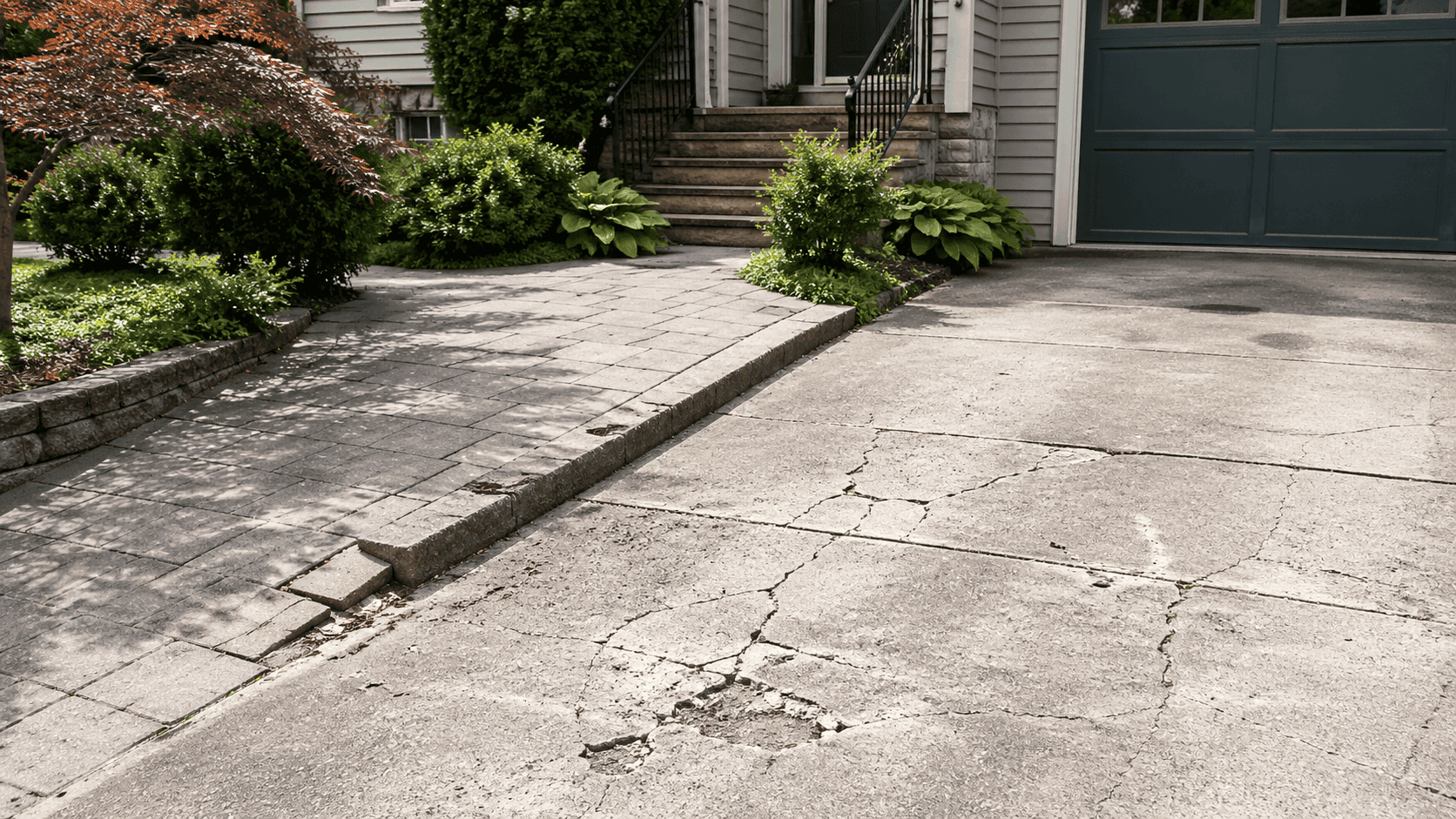 Cracked concrete driveway beside an older paver walkway, showing worn exterior surfaces and the kind of damage homeowners often weigh before repairing or replacing
