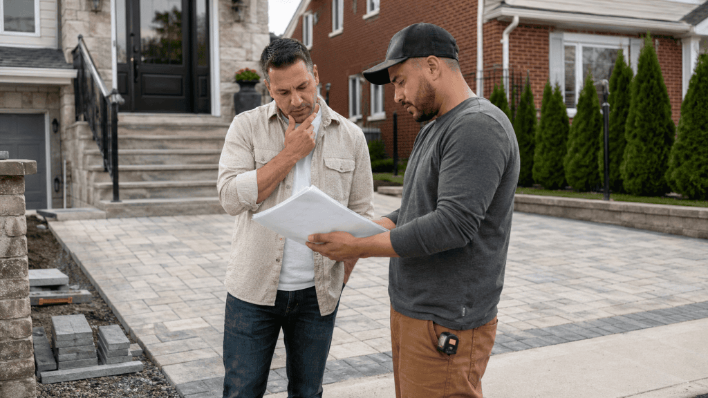 Homeowner reviewing a contractor quote beside a finished driveway project, reflecting the decision-making process of checking whether a contractor is overcharging