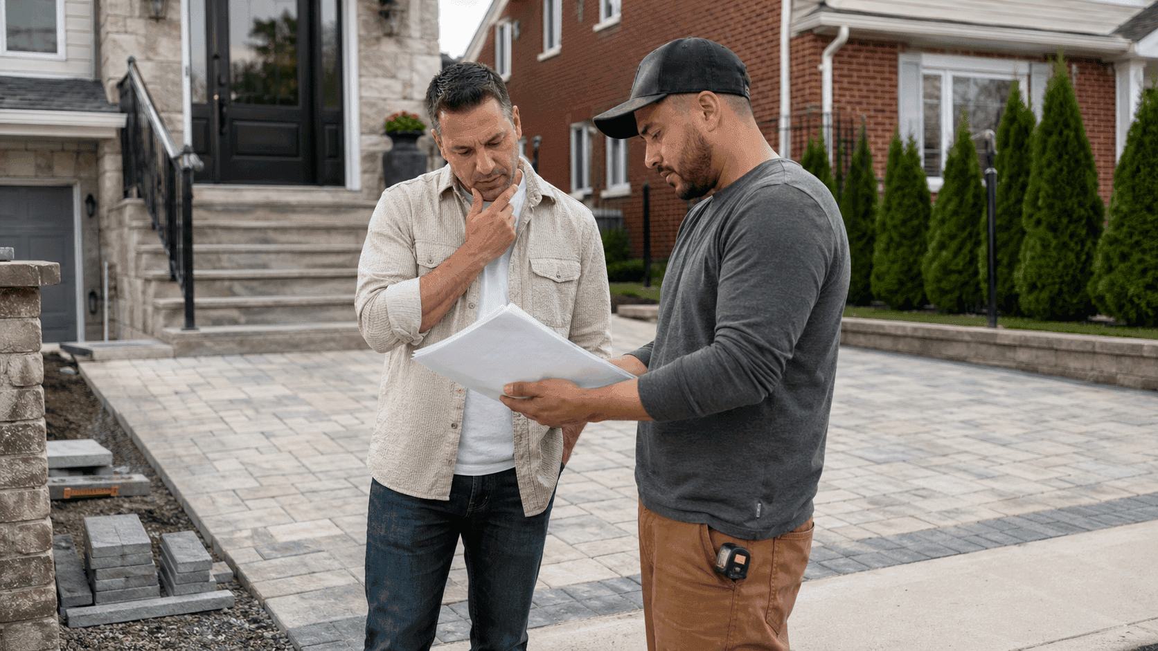 Homeowner reviewing a contractor quote beside a finished driveway project, reflecting the decision-making process of checking whether a contractor is overcharging