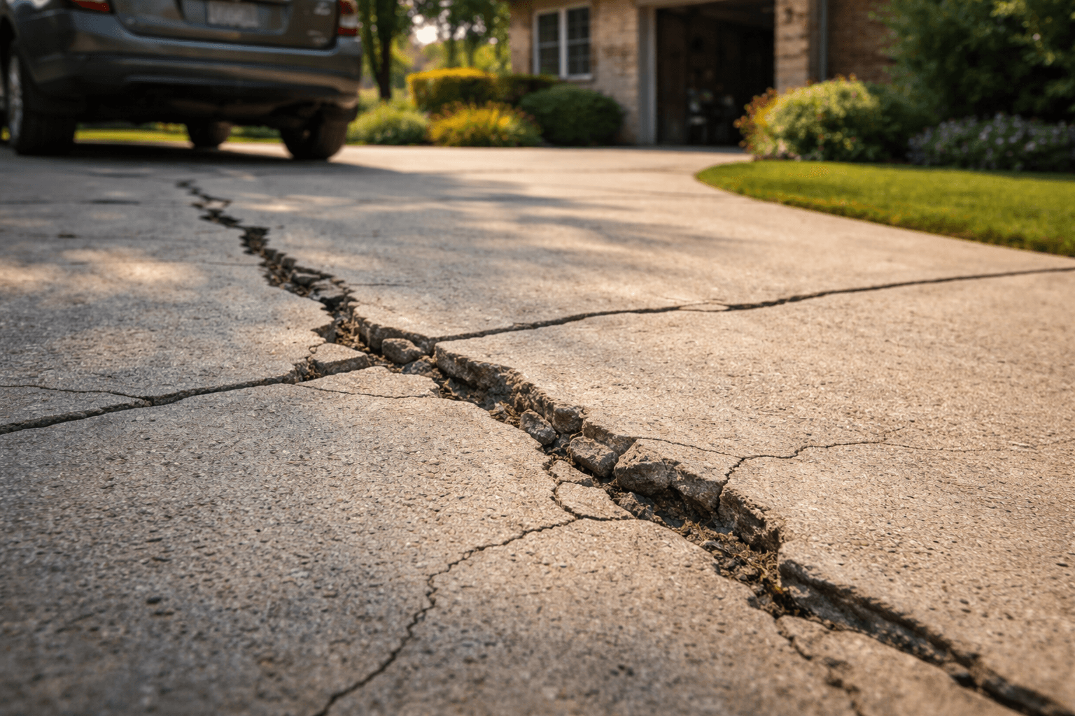 Cracked concrete driveway with uneven surface
