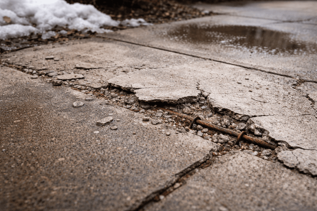 Spalling concrete with flaking surface and exposed rebar