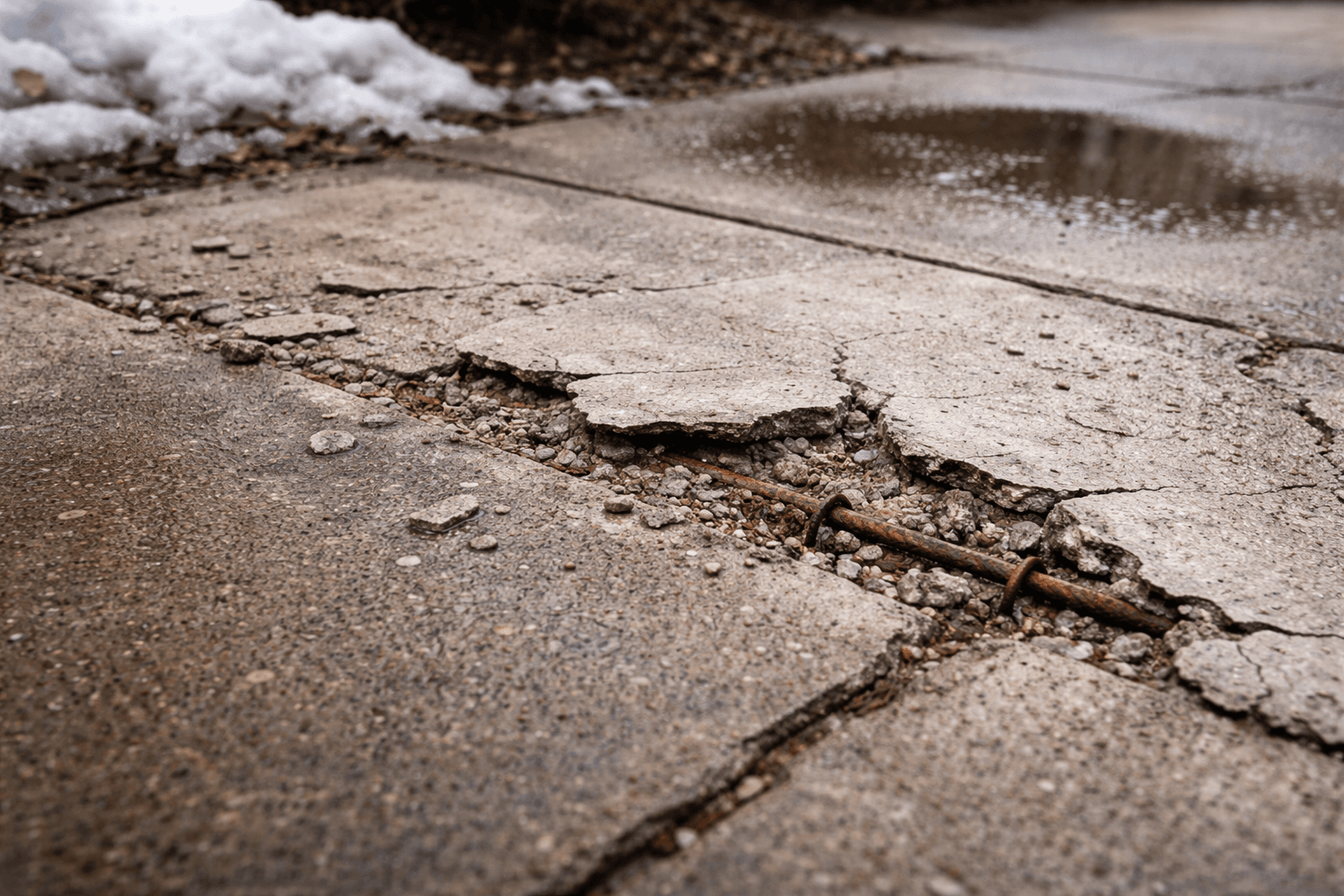 Spalling concrete with flaking surface and exposed rebar