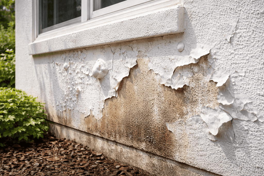 Peeling paint on stucco wall from moisture damage