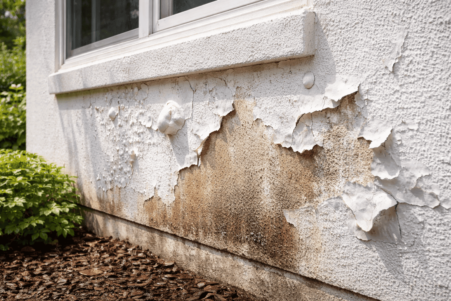 Peeling paint on stucco wall from moisture damage