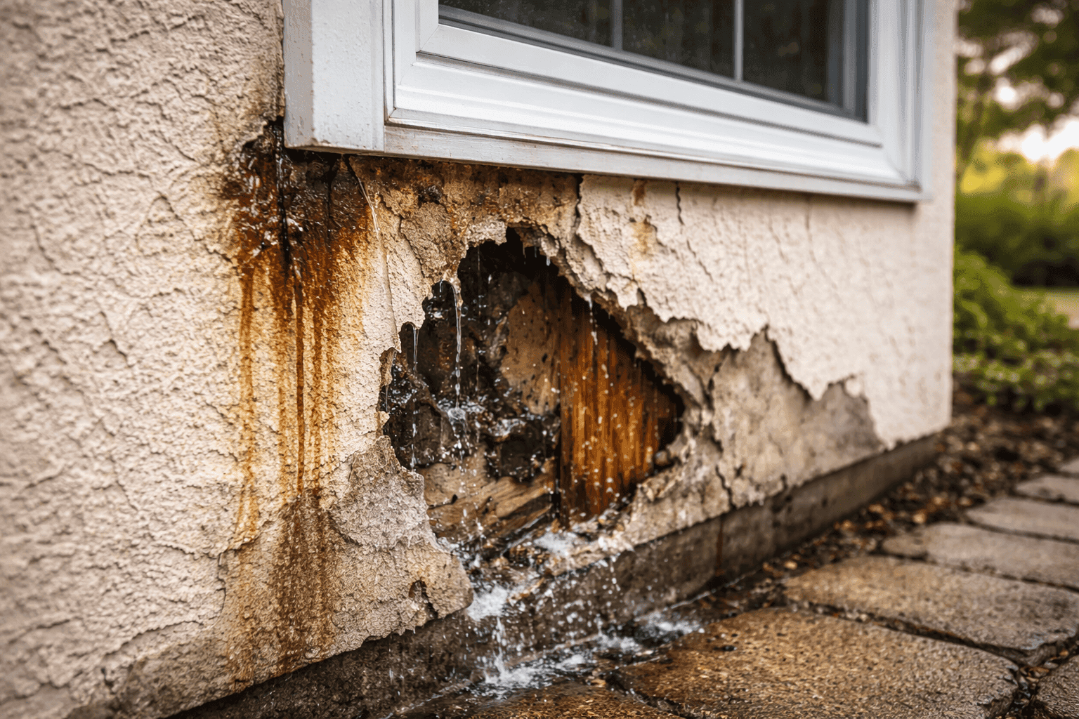 Stucco wall with severe hidden water damage beneath a window, showing staining, cracking, and exposed rotting wood caused by moisture intrusion and failed flashing