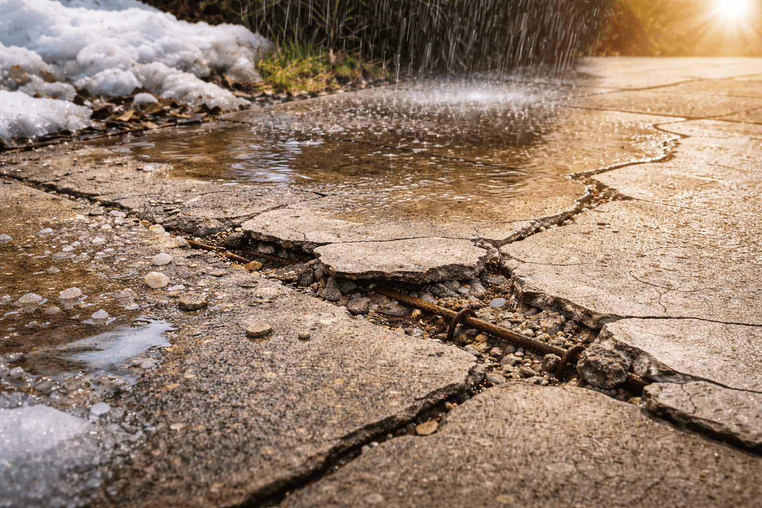 Cracked concrete damaged by water, heat, and freeze-thaw cycles