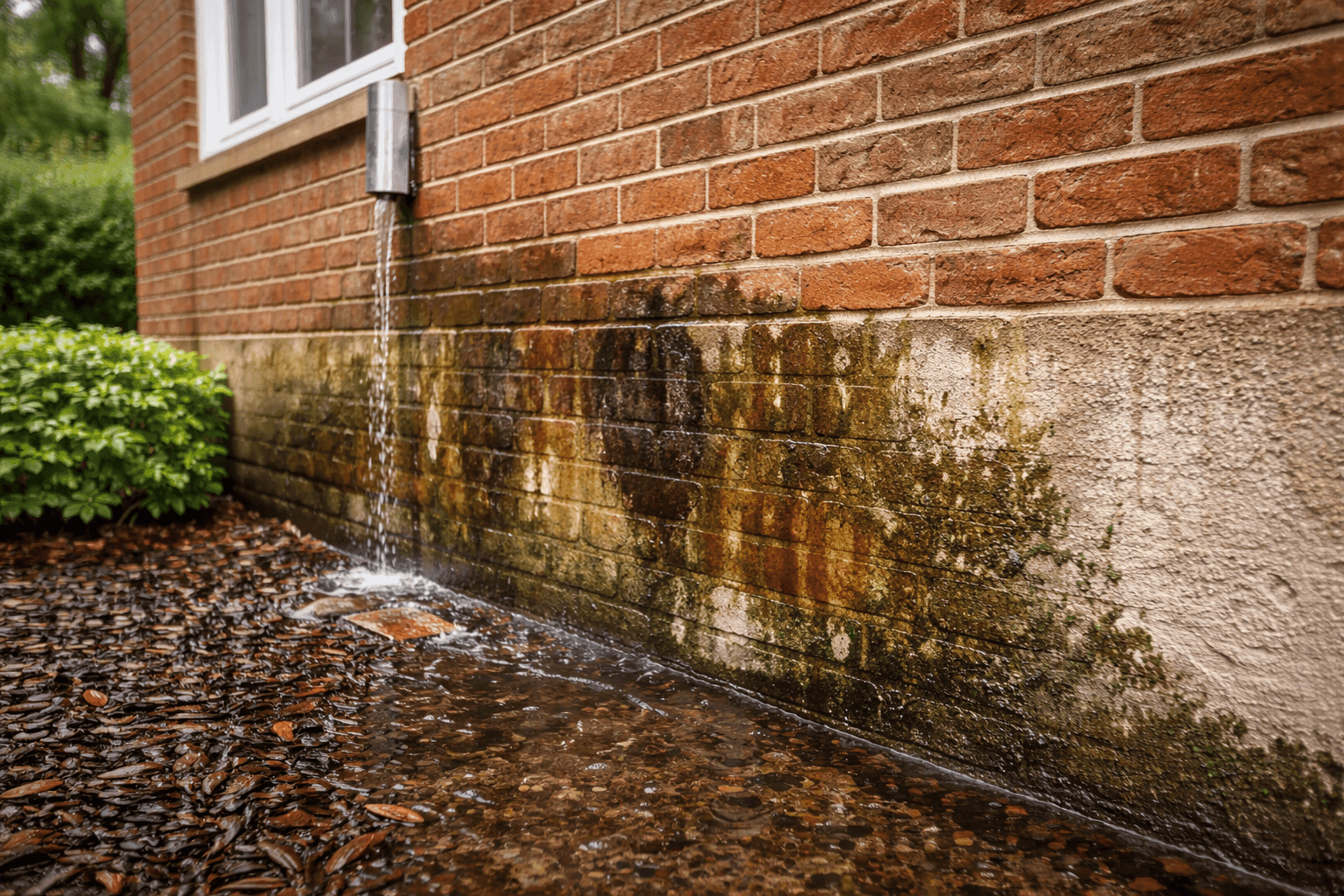 Wet brick wall with stains and water pooling after rain