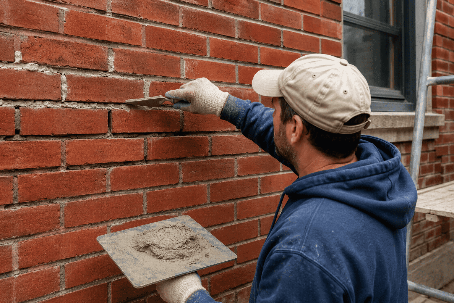Mason repointing deteriorated mortar joints on an exterior brick wall, showing routine brickwork maintenance to help prevent water damage and long-term deterioration