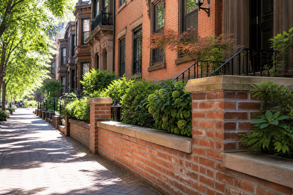 Sunlit New York brownstone street with brick facades, masonry walls, and greenery, showcasing sustainable masonry in NYC in a real residential setting