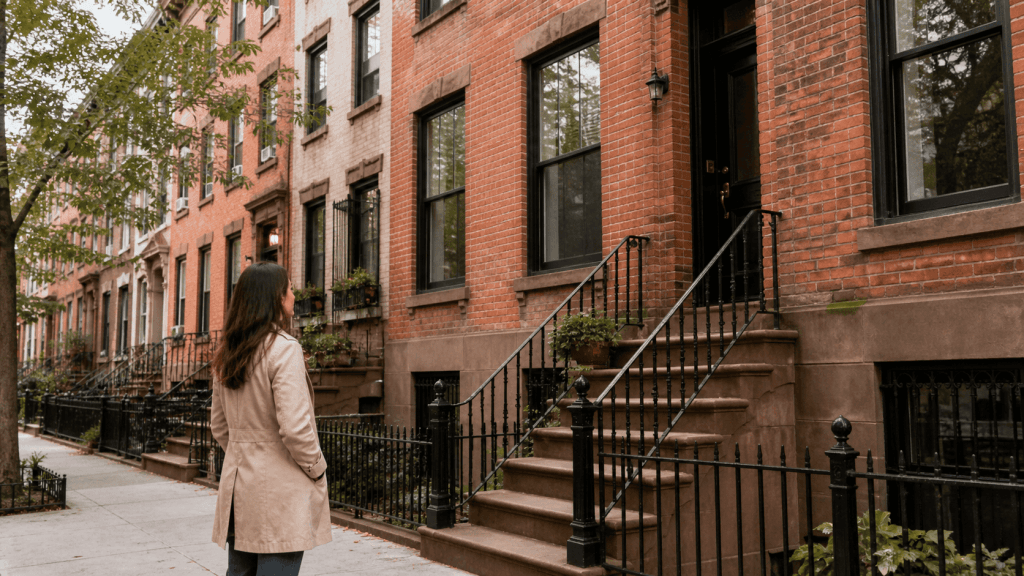A homeowner looks at a classic brick rowhouse on a quiet Brooklyn-style street, showing the charm and durability of brick homes in NYC.