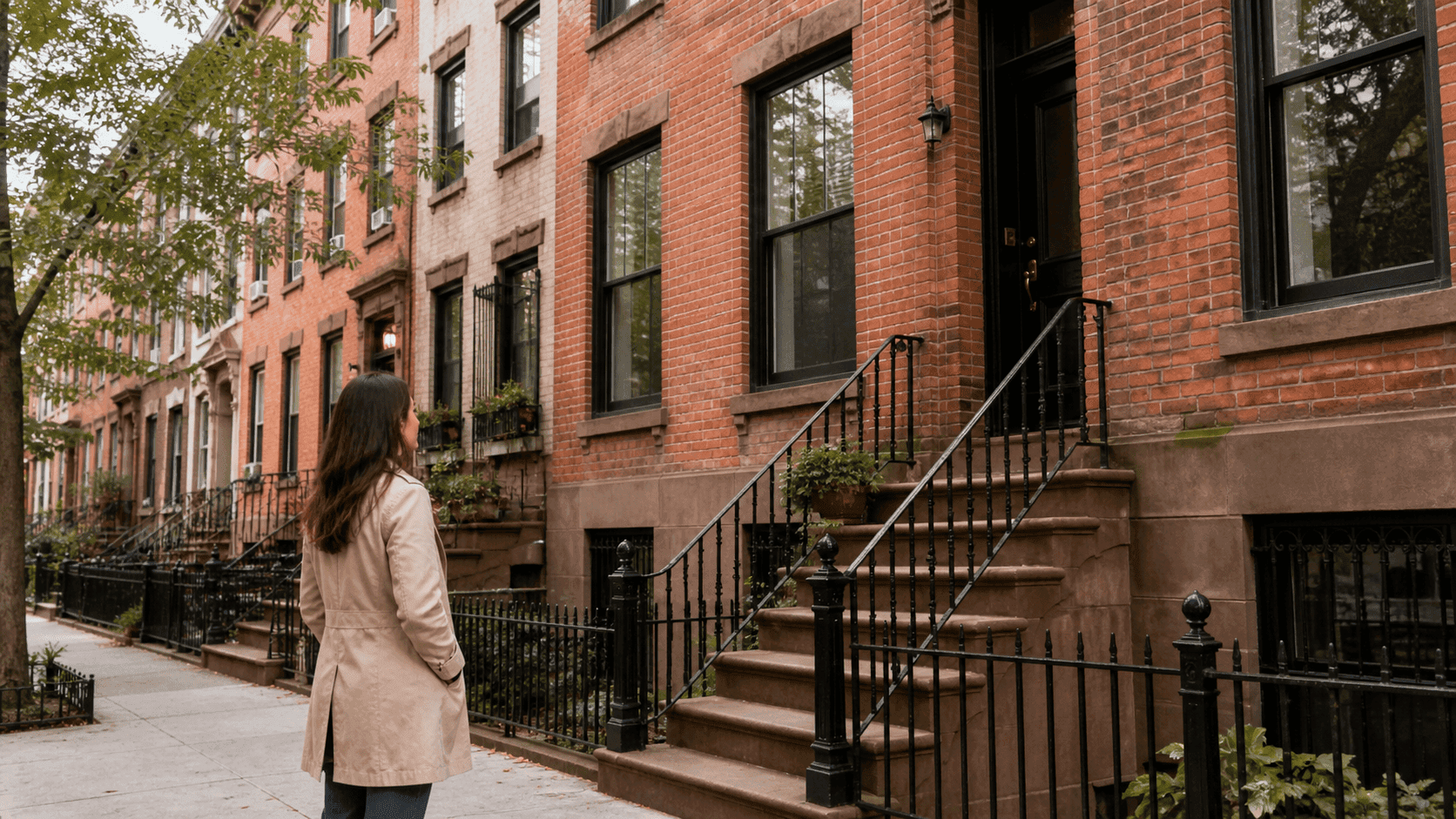 A homeowner looks at a classic brick rowhouse on a quiet Brooklyn-style street, showing the charm and durability of brick homes in NYC.